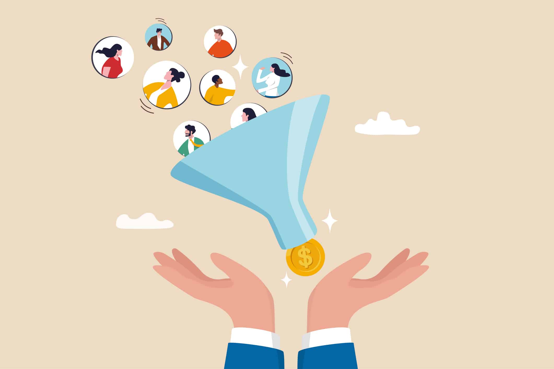 Customers dropping into a funnel with a coin dropping out of the funnel into open hands.
